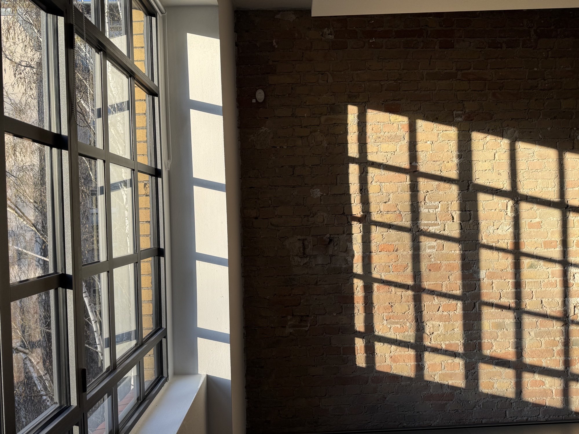 Sprossenfenster und Schattenwurf auf Backsteinwand
